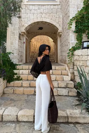 White Palazzo Pants With Drawstring Waist - Brand: EYYO ATELIER - Women's Clothing Wholesale - Globality Store