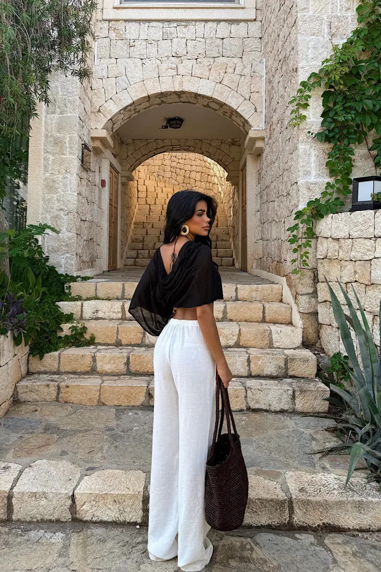 White Palazzo Pants With Drawstring Waist