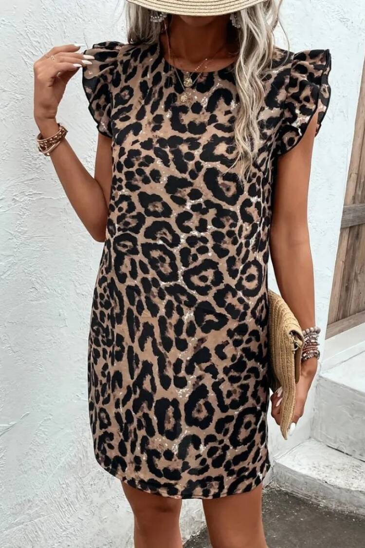Women's Short Sleeve Ruffle Detail Back Tie Leopard Pattern Suprem Dress - Leopard - Brand: Janes - Women's Clothing Wholesale - Globality Store