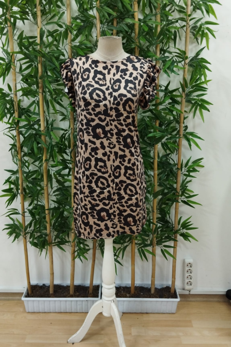 Women's Short Sleeve Ruffle Detail Back Tie Leopard Pattern Suprem Dress - Leopard