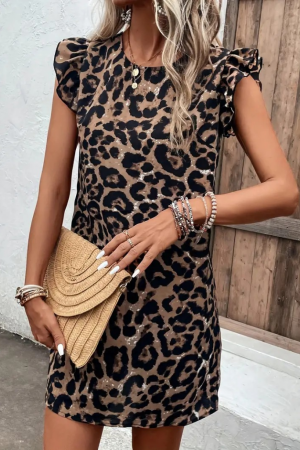 Women's Short Sleeve Ruffle Detail Back Tie Leopard Pattern Suprem Dress - Leopard - Brand: Janes - Women's Clothing Wholesale - Globality Store