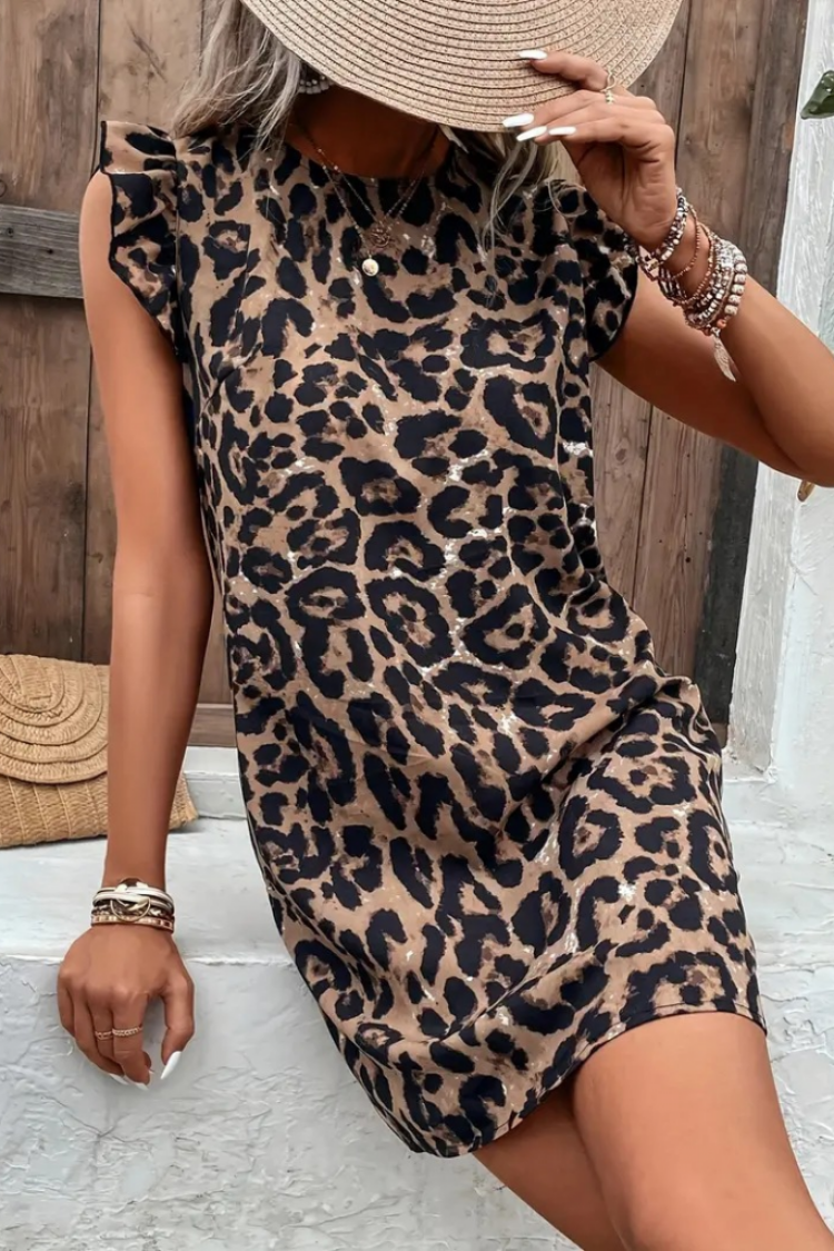 Women's Short Sleeve Ruffle Detail Back Tie Leopard Pattern Suprem Dress - Leopard