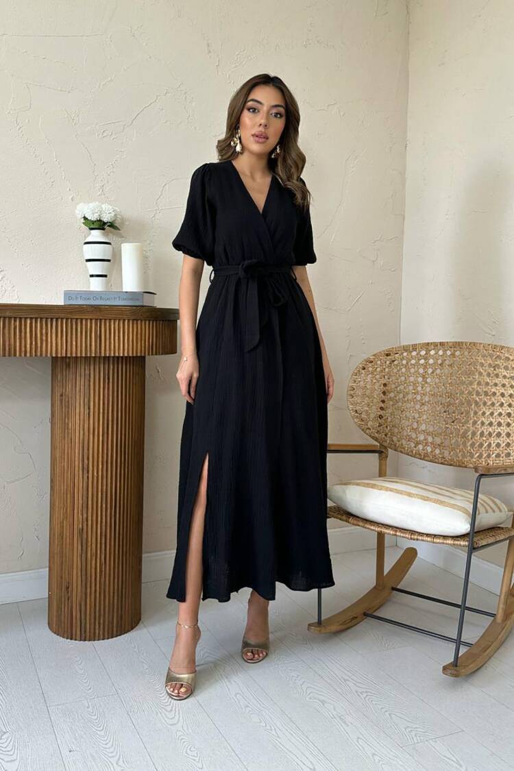 Elegant Wrap Dress With Puff Half Sleeves