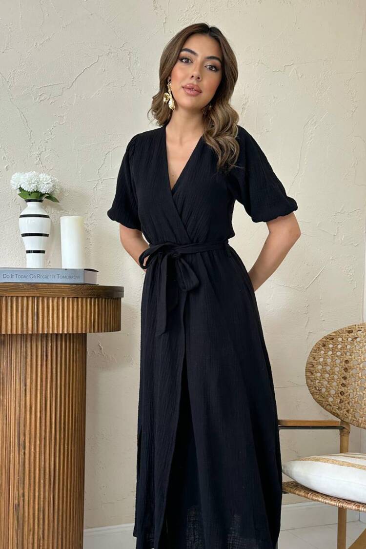 Elegant Wrap Dress With Puff Half Sleeves