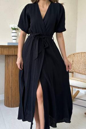 Elegant Wrap Dress With Puff Half Sleeves - Brand: Elisa - Women's Clothing Wholesale - Globality Store