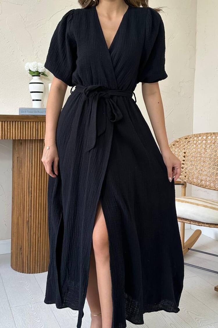 Elegant Wrap Dress With Puff Half Sleeves