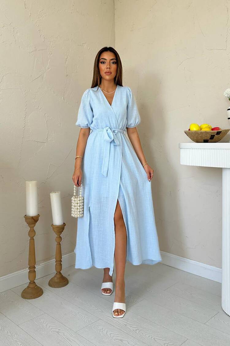 Puff Sleeve Wrap Midi Dress - Brand: Elisa - Women's Clothing Wholesale - Globality Store