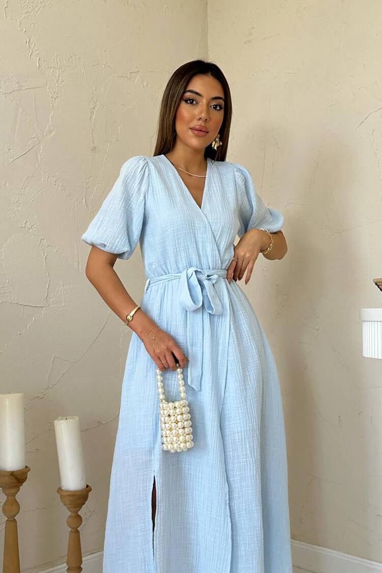 Puff Sleeve Wrap Midi Dress
