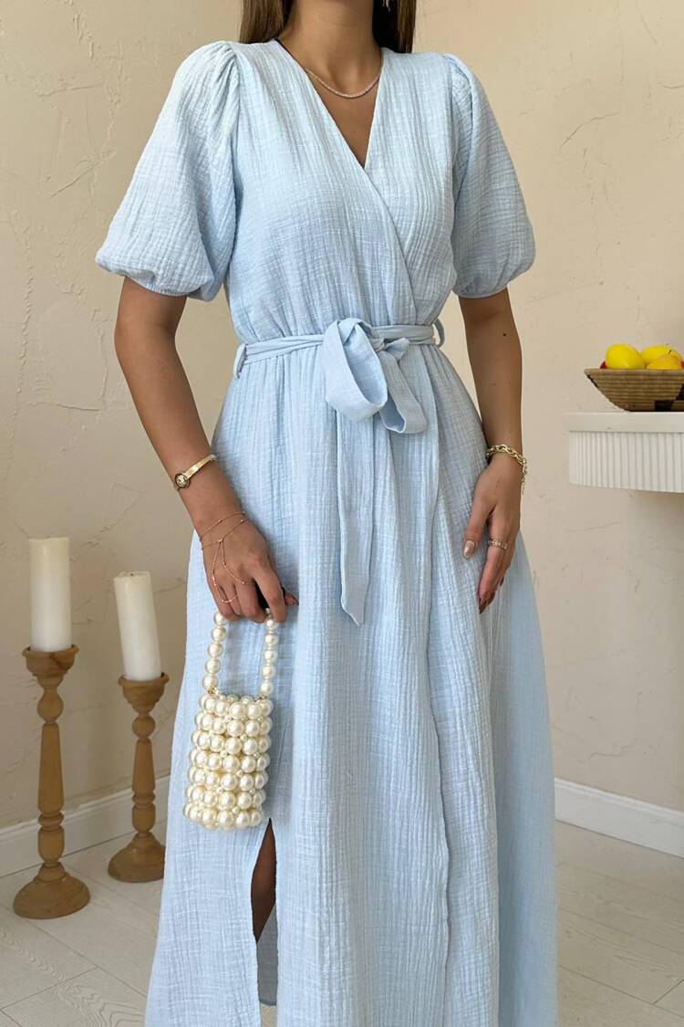 Puff Sleeve Wrap Midi Dress