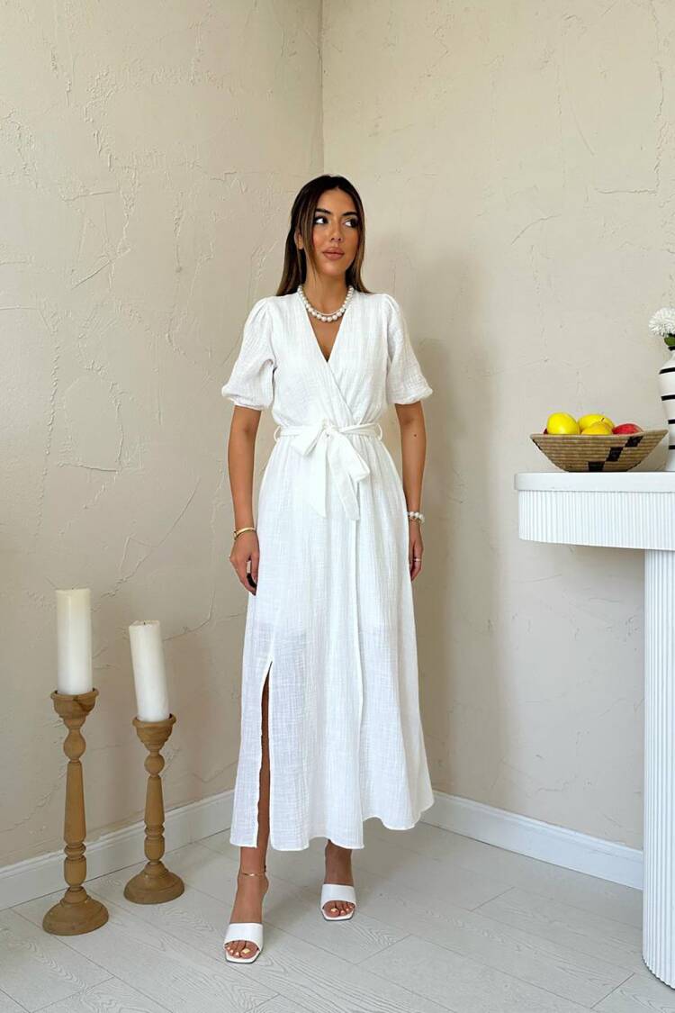 Elegant Wrap Dress With Puff Half Sleeves