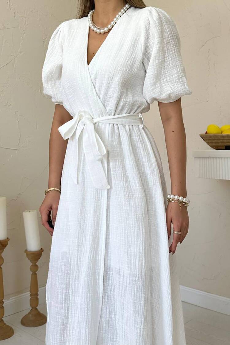 Elegant Wrap Dress With Puff Half Sleeves
