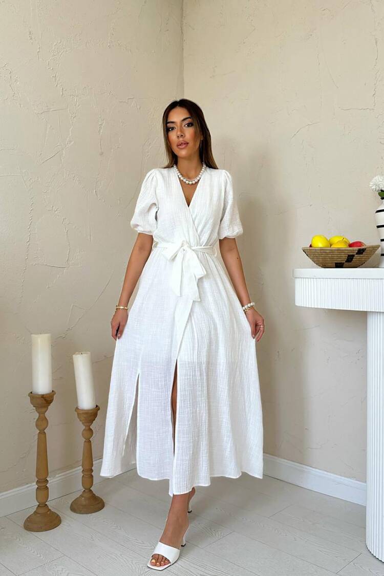 Elegant Wrap Dress With Puff Half Sleeves - Brand: Elisa - Women's Clothing Wholesale - Globality Store