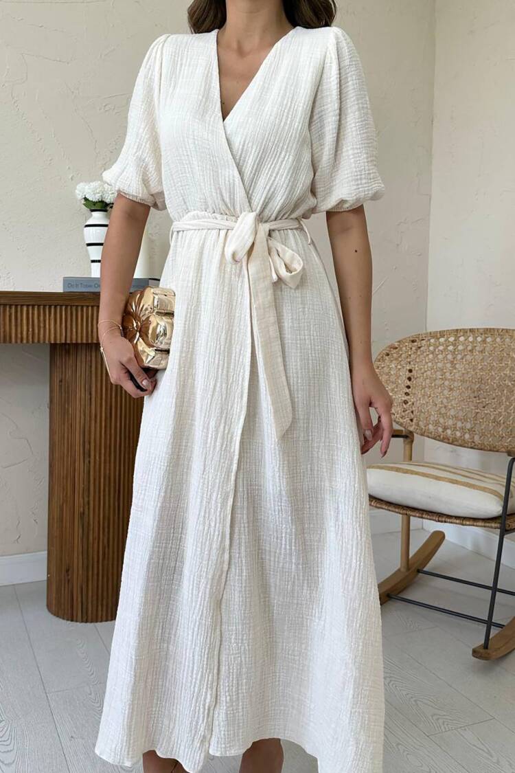 Ecru Elegant Wrap Midi Dress With Puff Half Sleeves
