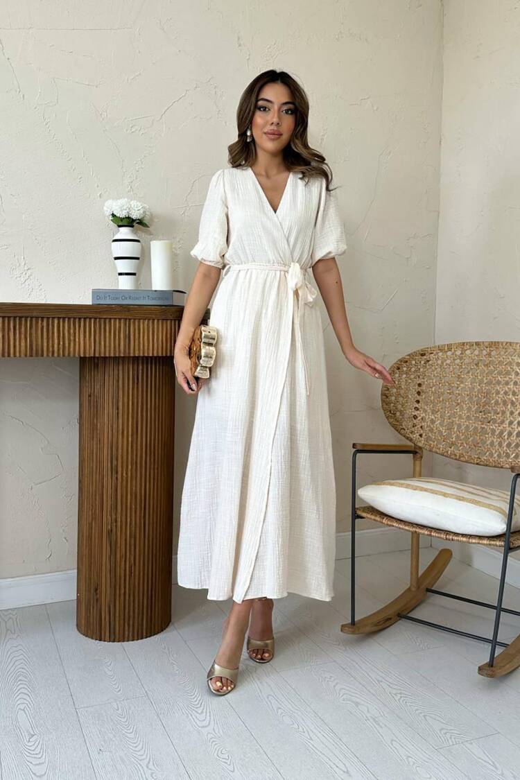 Ecru Elegant Wrap Midi Dress With Puff Half Sleeves - Brand: Elisa - Women's Clothing Wholesale - Globality Store