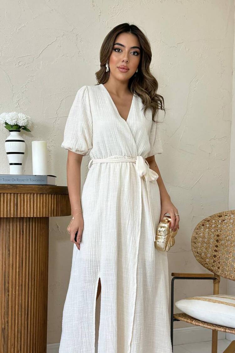 Ecru Elegant Wrap Midi Dress With Puff Half Sleeves