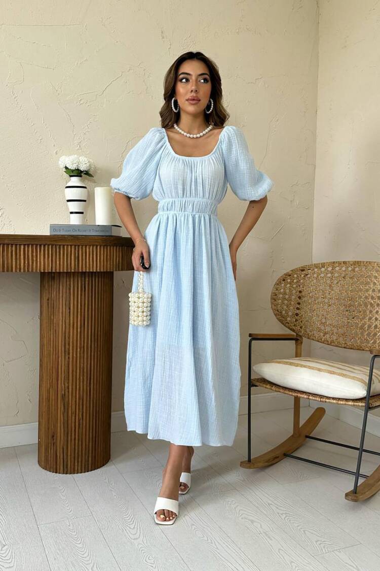 Fit And Flare Maxi Dress With Puff Half Sleeves - Brand: Elisa - Women's Clothing Wholesale - Globality Store