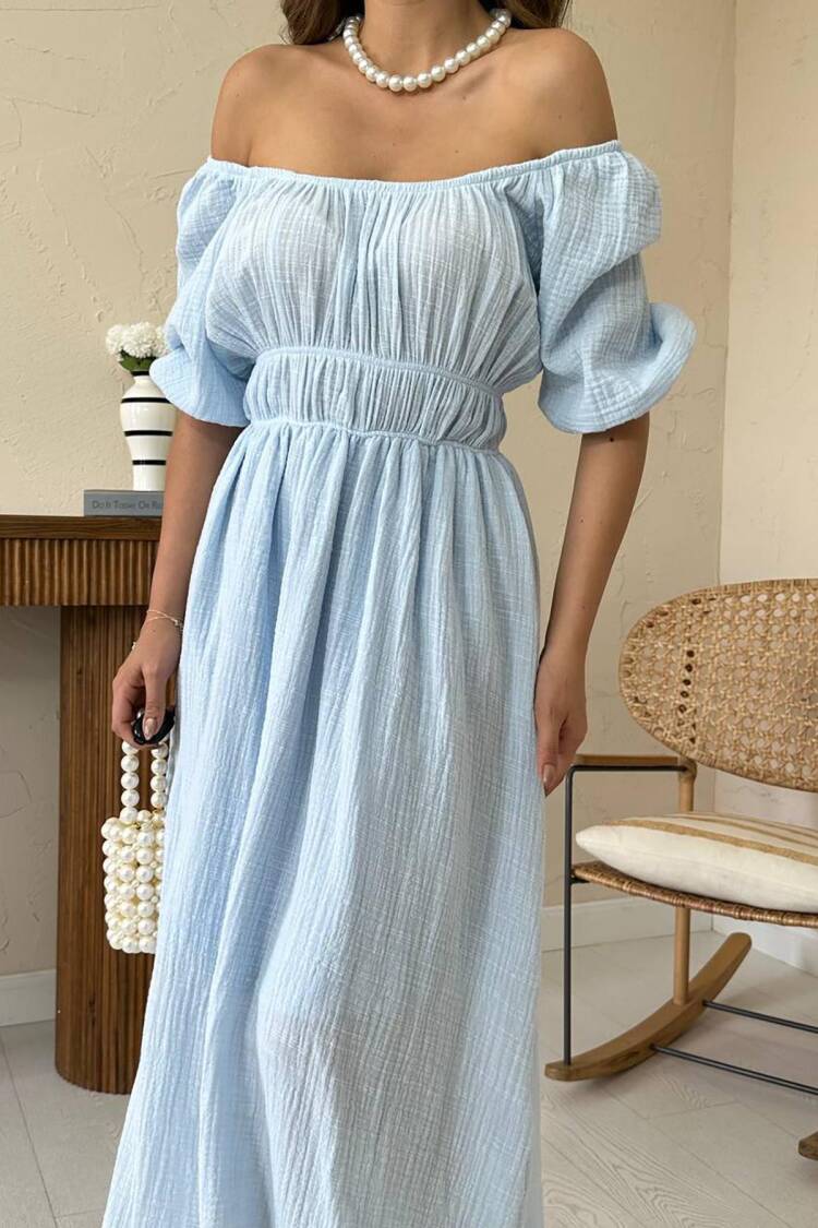 Fit And Flare Maxi Dress With Puff Half Sleeves