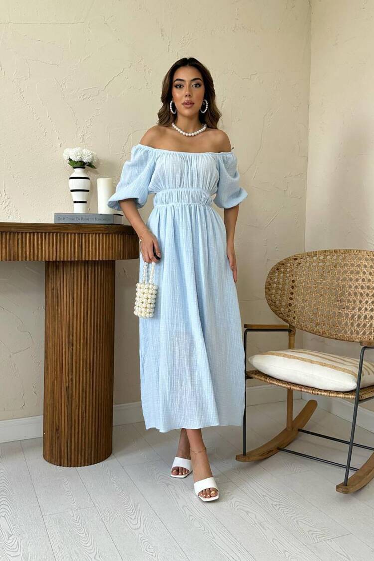Fit And Flare Maxi Dress With Puff Half Sleeves