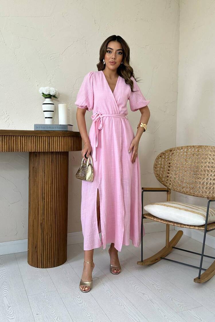ElegantMaxi Wrap Dress With Puff Half Sleeves
