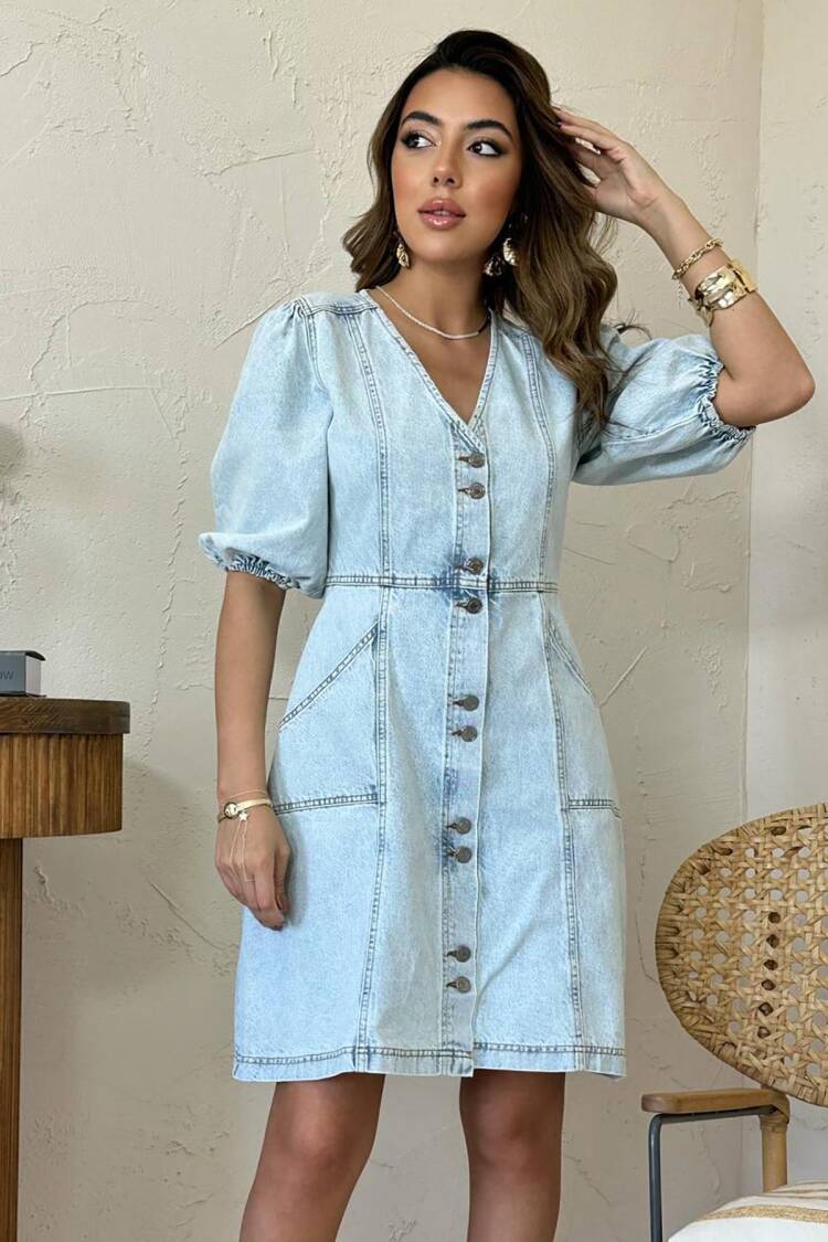 Blue Elegant Shift Dress With Puff 3/4 Sleeves