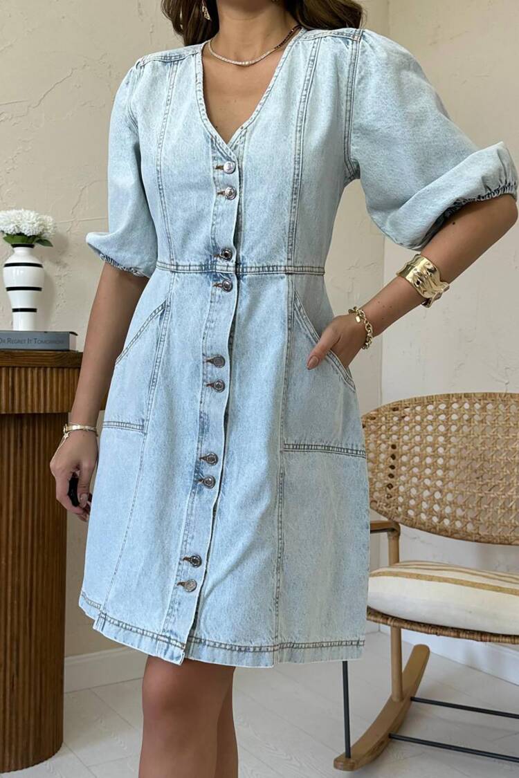 Blue Elegant Shift Dress With Puff 3/4 Sleeves
