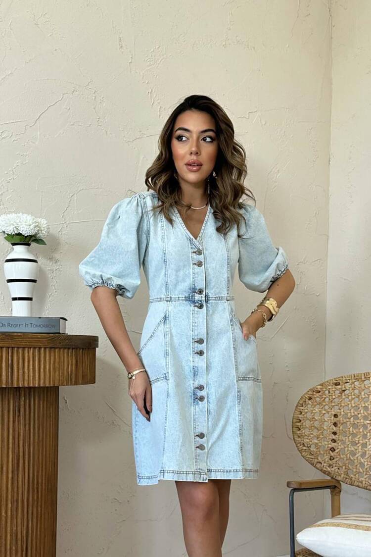 Blue Elegant Shift Dress With Puff 3/4 Sleeves
