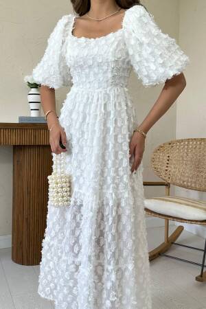 Elegant White A-Line Midi Dress With Puff Half Sleeves - Brand: Elisa - Women's Clothing Wholesale - Globality Store