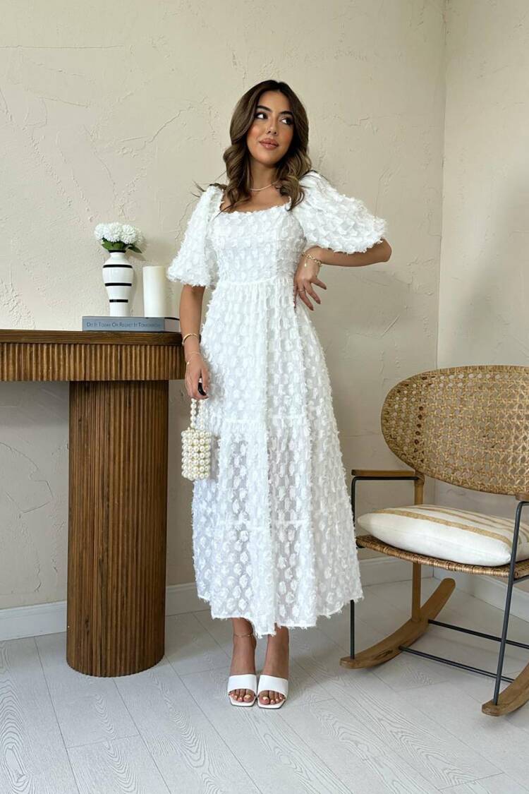 Elegant White A-Line Midi Dress With Puff Half Sleeves