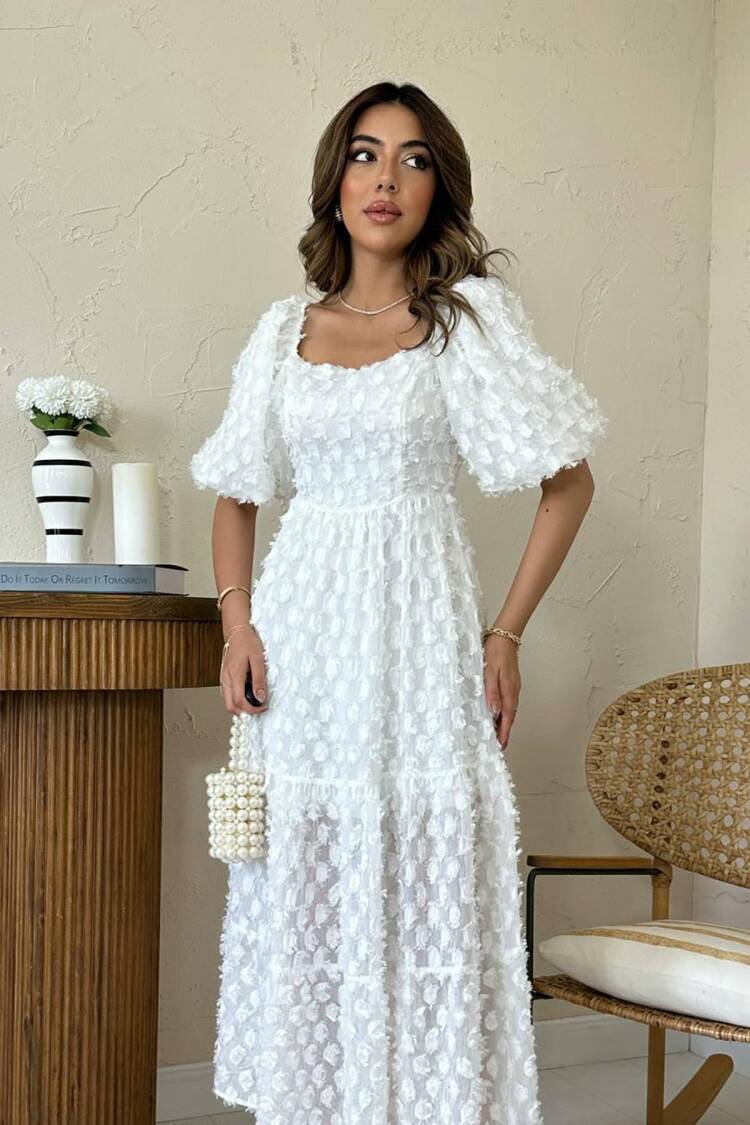 Elegant White A-Line Midi Dress With Puff Half Sleeves