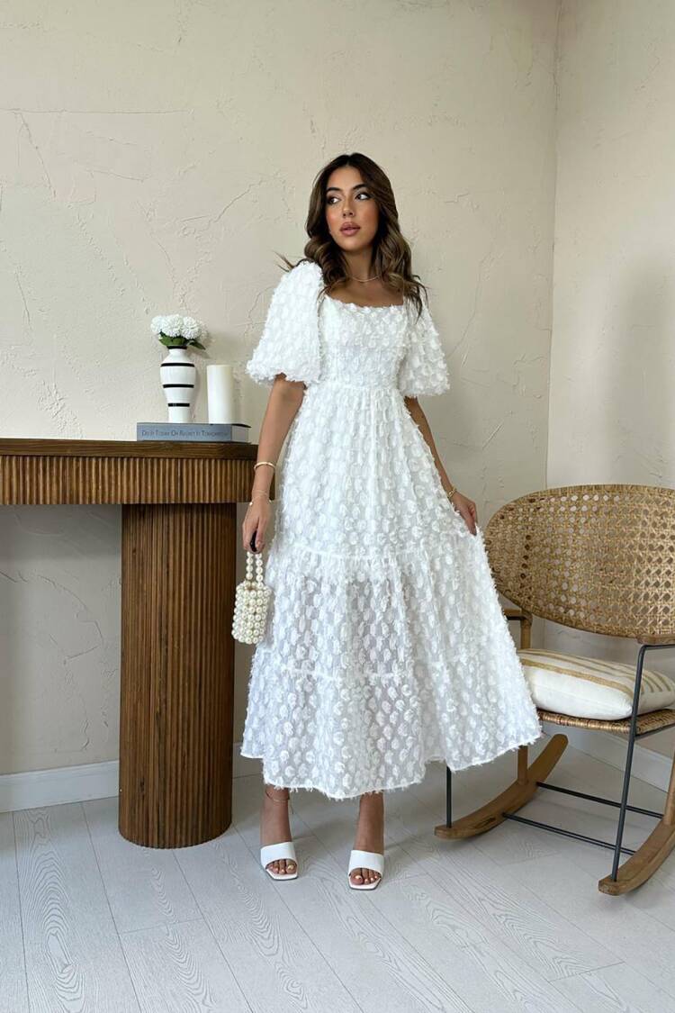 Elegant White A-Line Midi Dress With Puff Half Sleeves - Brand: Elisa - Women's Clothing Wholesale - Globality Store