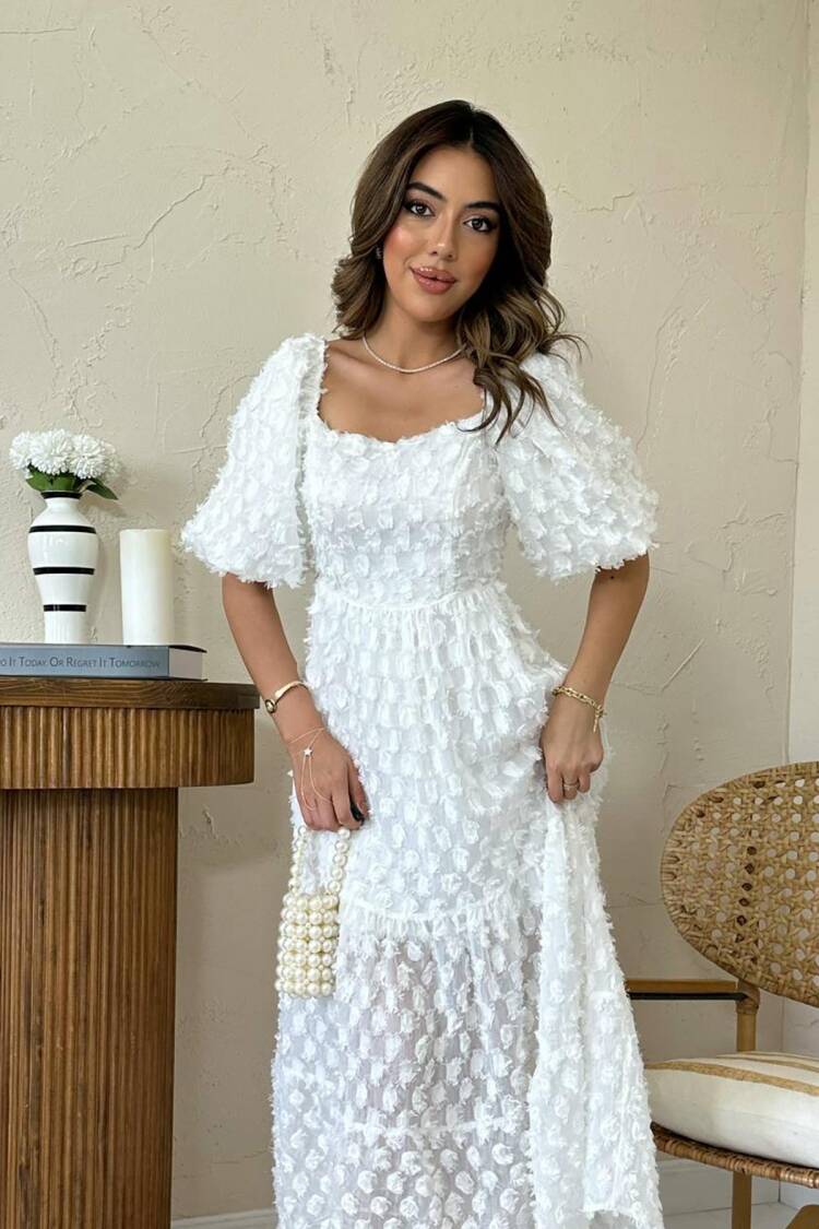 Elegant White A-Line Midi Dress With Puff Half Sleeves