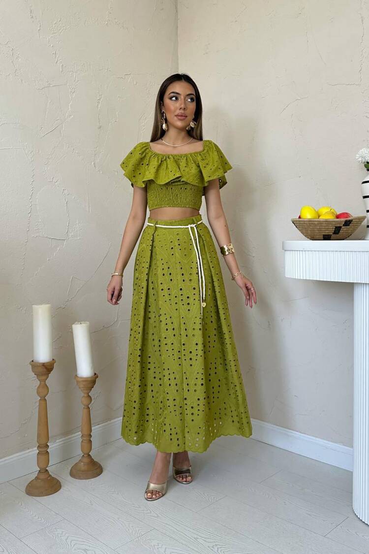 Boho Casual Set With Ruffle Sleeve Maxi Skirt