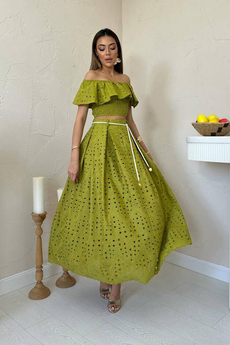 Boho Casual Set With Ruffle Sleeve Maxi Skirt