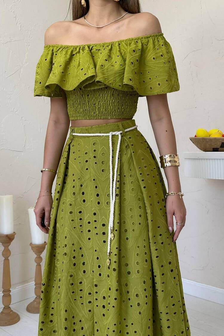 Boho Casual Set With Ruffle Sleeve Maxi Skirt