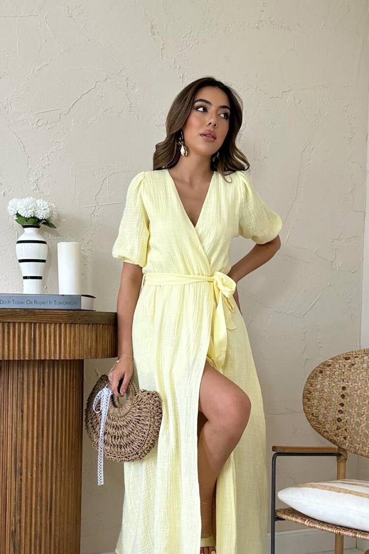 WholesaleDouble-breasted Collar Mueslin Linen Dress