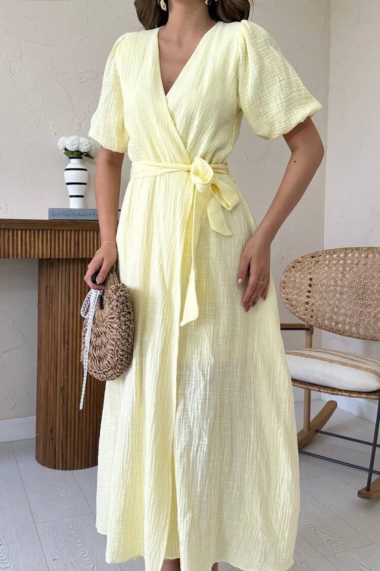 WholesaleDouble-breasted Collar Mueslin Linen Dress
