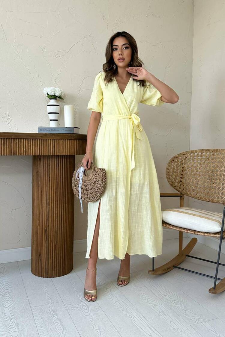 WholesaleDouble-breasted Collar Mueslin Linen Dress
