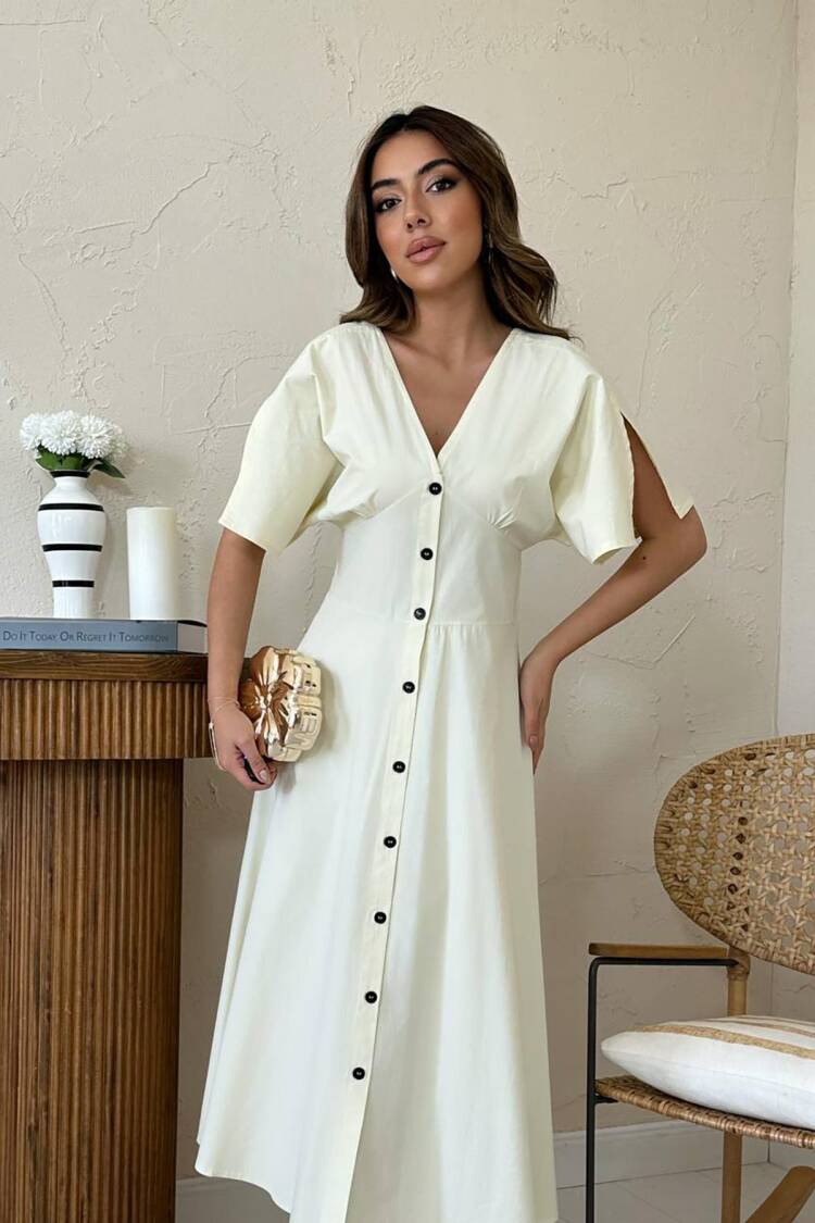 Beige A-Line V-Neck Midi Dress With Half Sleeves