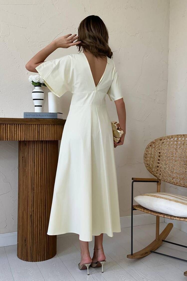 Beige A-Line V-Neck Midi Dress With Half Sleeves