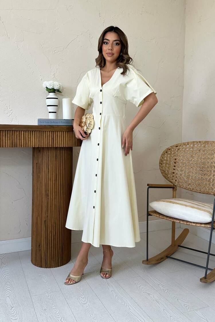 Beige A-Line V-Neck Midi Dress With Half Sleeves