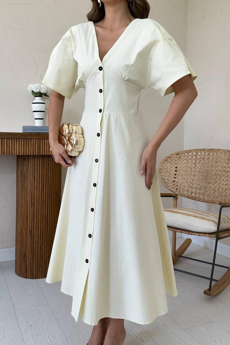 Beige A-Line V-Neck Midi Dress With Half Sleeves