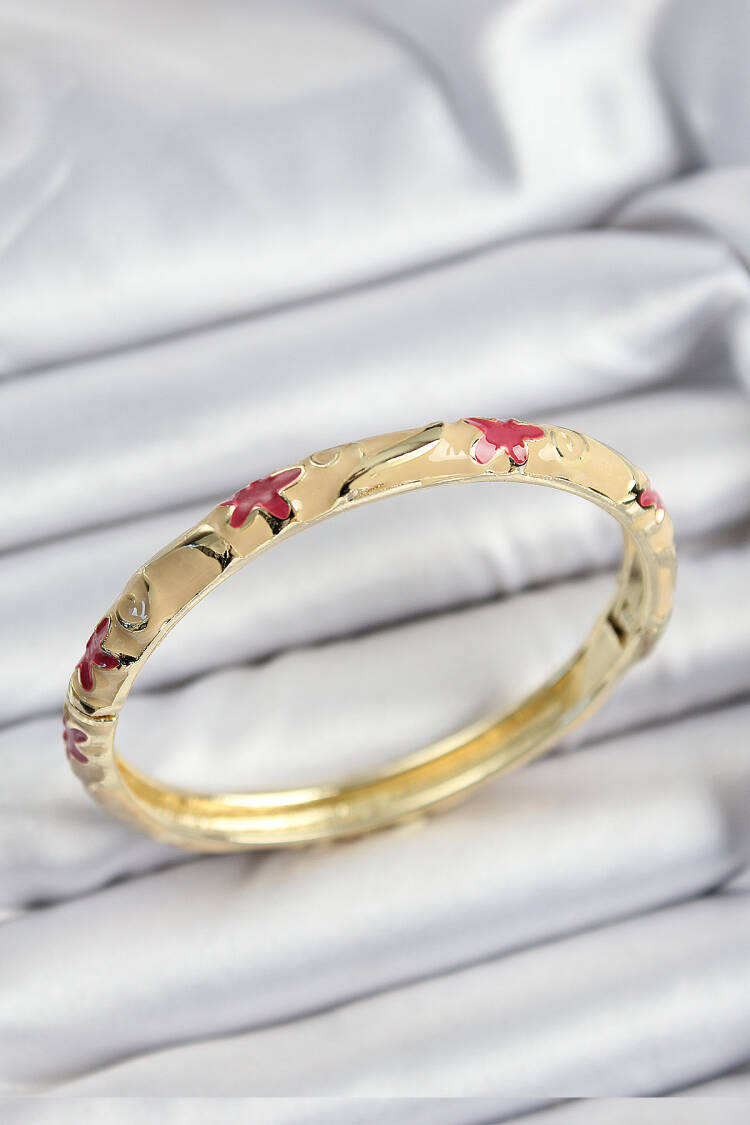 Gold Color Women Clamp With Enameled Brass Pink And Cream Flower Motif - Brand: Ebijuteri - Women's Clothing Wholesale - Globality Store