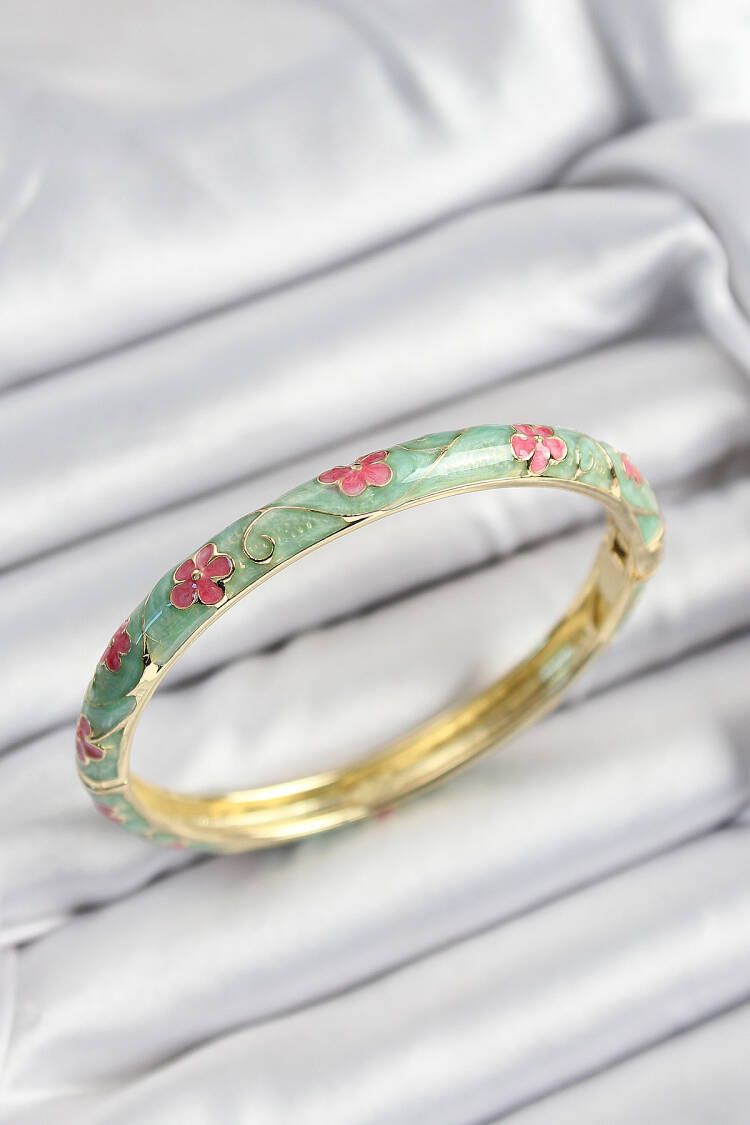 Gold Color Women Clamp With Enameled Brass Pink And Green Flower Motif - Brand: Ebijuteri - Women's Clothing Wholesale - Globality Store