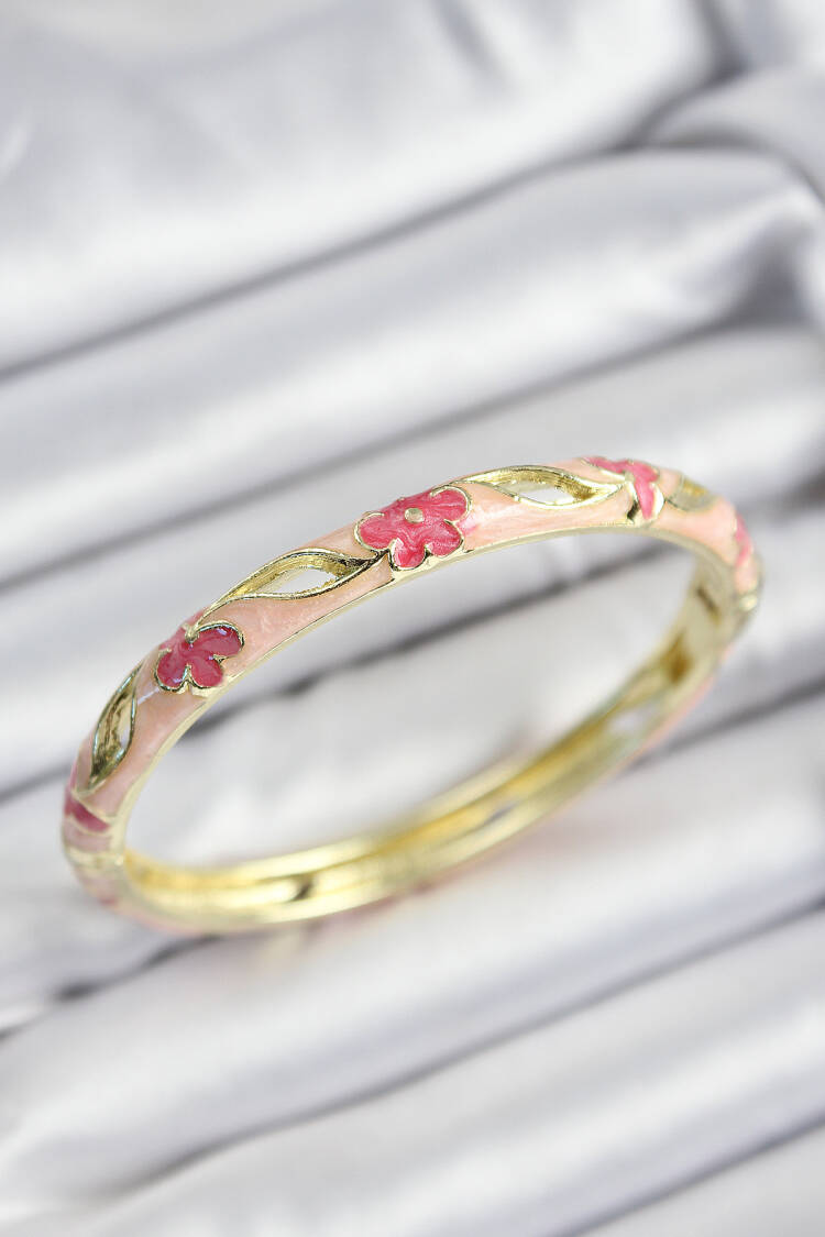Gold Color Women Clamp With Enameled Brass Pink Flower Motif - Brand: Ebijuteri - Women's Clothing Wholesale - Globality Store