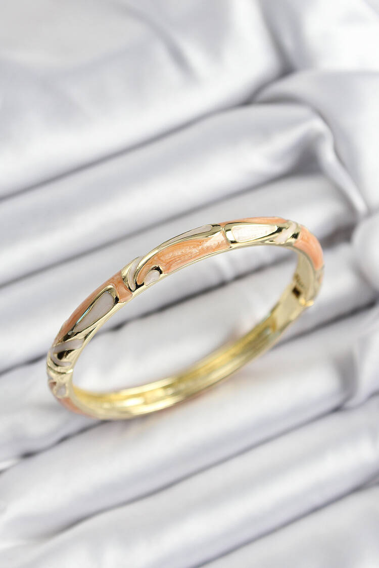 Gold Color Women's Clamp With Enameled Brass Cream And Orange Marble Motif - Brand: Ebijuteri - Women's Clothing Wholesale - Globality Store