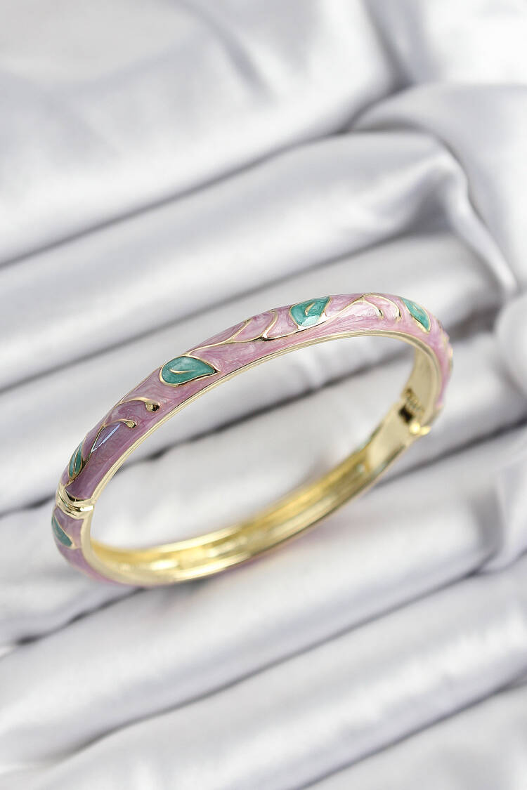 Gold Color Women Clamp With Enameled Brass Pink And Green Leaf Motif - Brand: Ebijuteri - Women's Clothing Wholesale - Globality Store