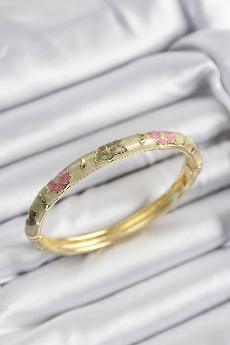 Gold Color Women Clamp With Enameled Brass Pink And Green Flower Motif - Brand: Ebijuteri - Women's Clothing Wholesale - Globality Store