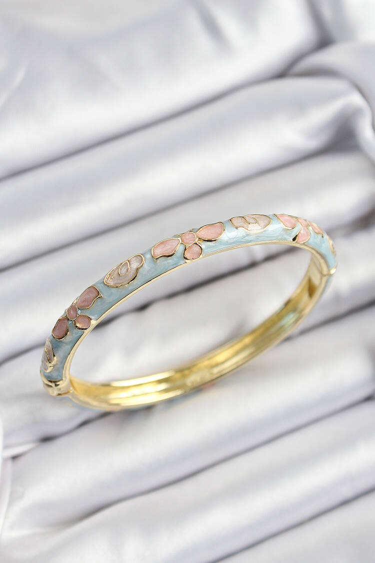 Gold Color Women Clamp With Enameled Brass Blue And Pink Flower Motif - Brand: Ebijuteri - Women's Clothing Wholesale - Globality Store