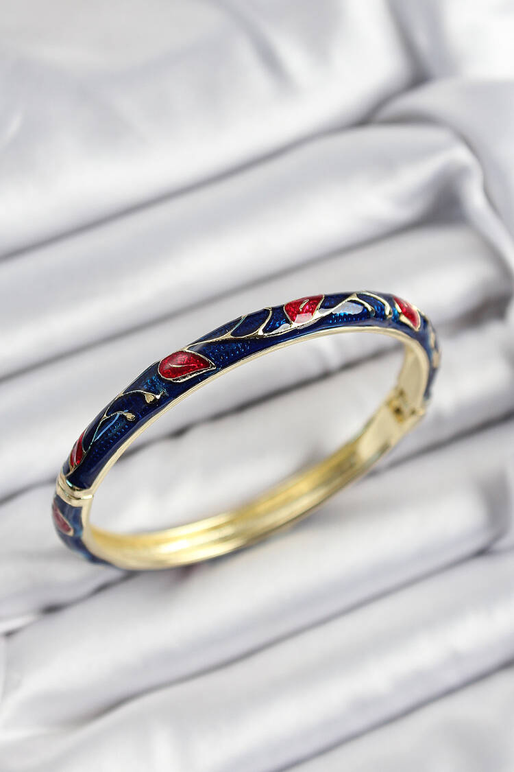 Gold Color Women Clamp With Enamel Brass Red And Navy Leaf Motif - Brand: Ebijuteri - Women's Clothing Wholesale - Globality Store