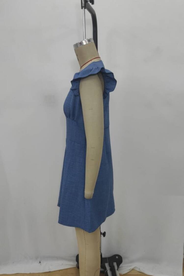 Women's Ruffle Sleeve V Neck Buttoned Linen Dress